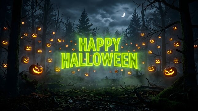 Happy halloween neon green text in a dark misty forest with glowing jackolanterns hanging from trees