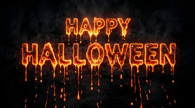 Happy halloween text with burning fire effect and dripping lava on a dark stone wall background