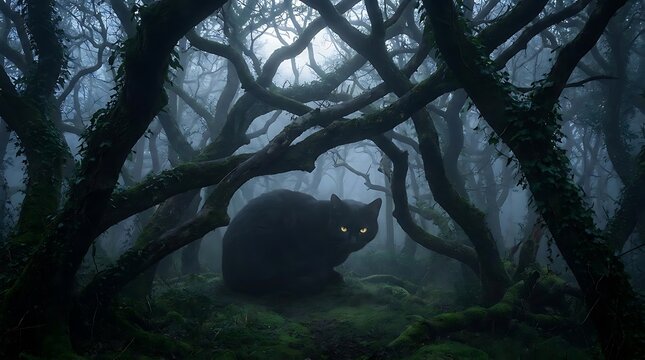 Black cat in dark spooky forest with glowing eyes mysterious atmosphere