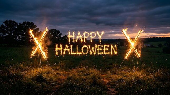 Happy halloween sparkler text in a dark field at sunset