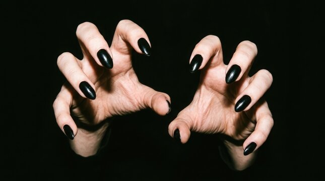 Creepy female hands with long sharp black nails in a clawing gesture