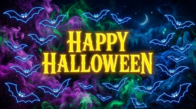 Happy halloween text with glowing neon bats and colorful smoke
