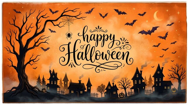 Happy halloween greeting card design with a spooky village silhouette, barren trees, hanging spider, and bats against an orange sunset sky