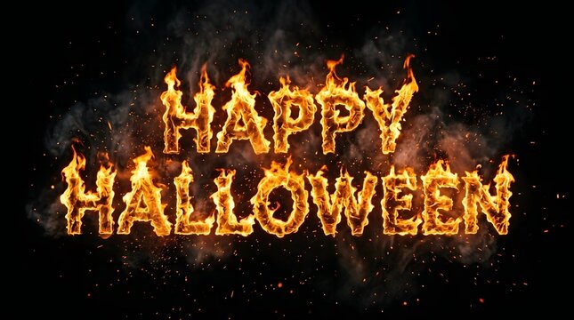Happy halloween text made of bright orange fire flames with smoke and sparks on black background