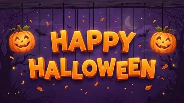 Happy halloween 3d bold typography hanging with strings, decorated with smiling pumpkins and autumn leaves on a purple background