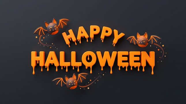 Happy halloween 3d text with melting orange slime effect and cute cartoon bats on a dark background