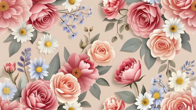 Elegant pink and peach roses with white daisies floral background
