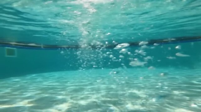 Underwater perspective of bubbles and surface sunlight.