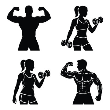 Silhouettes of people exercising with dumbbells and flexing muscles  fitness and workout icon