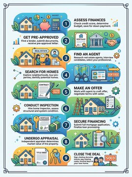 Infographic illustrating the nine steps of the home buying process