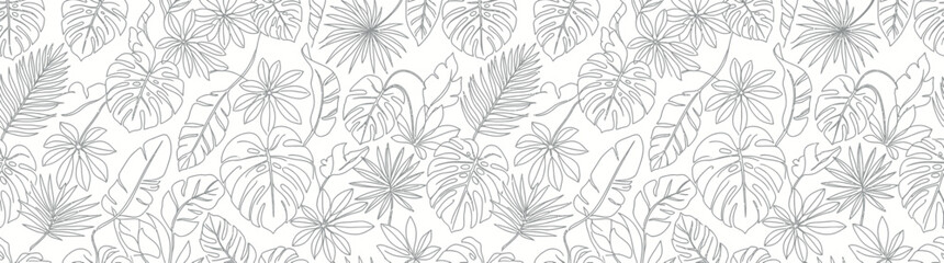 Fototapeta premium Botanical Line Art Pattern of Tropical Leaves