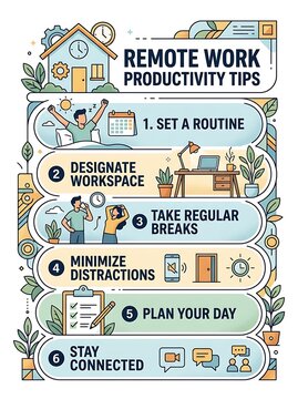 Infographic displaying six remote work productivity tips for success
