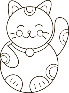 Cute Lucky Cat Maneki Neko Line Art Minimalist Japanese Beckoning Cat Cartoon Coloring Page