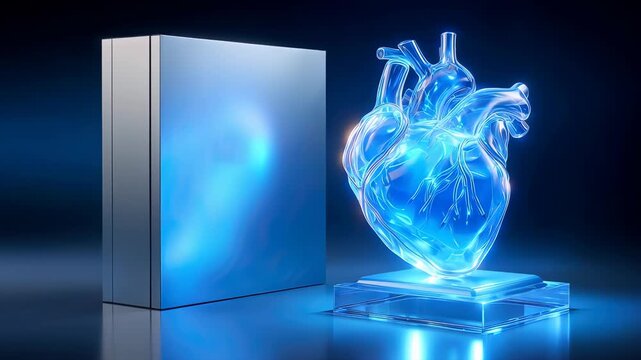 Glass heart sculpture on pedestal