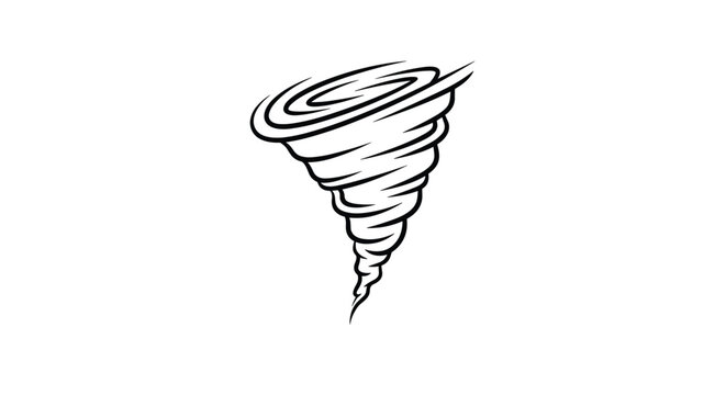 simple black and white line drawing of a powerful tornado or cyclone swirling with intensity against a plain white background.