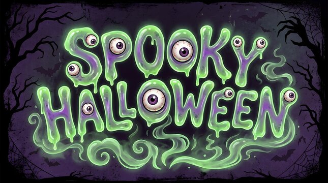 Spooky halloween text with slime effect and eyeballs, creepy glowing green and purple typography, horror holiday greeting design