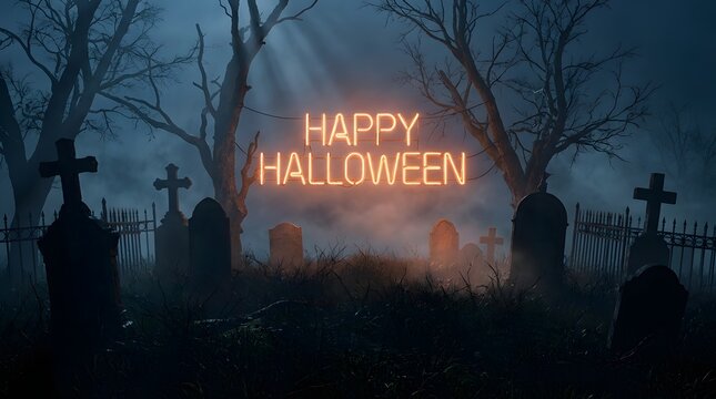 Happy halloween neon sign in a foggy graveyard at night