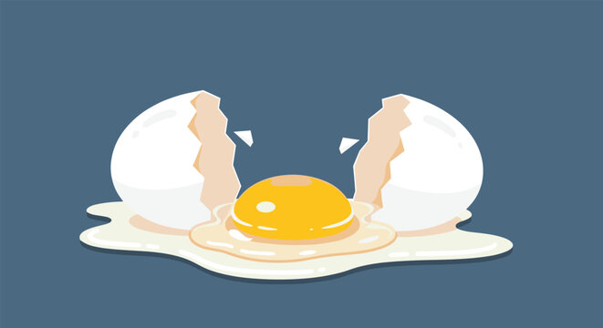 flat vector illustration of a cracked white egg with a bright yellow yolk spreading out on a dark blue surface background.