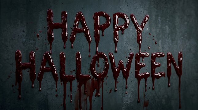 Happy halloween text written in dripping blood on a dark textured concrete wall