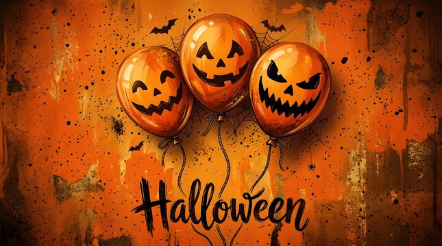 Halloween background with three spooky jackolantern balloons
