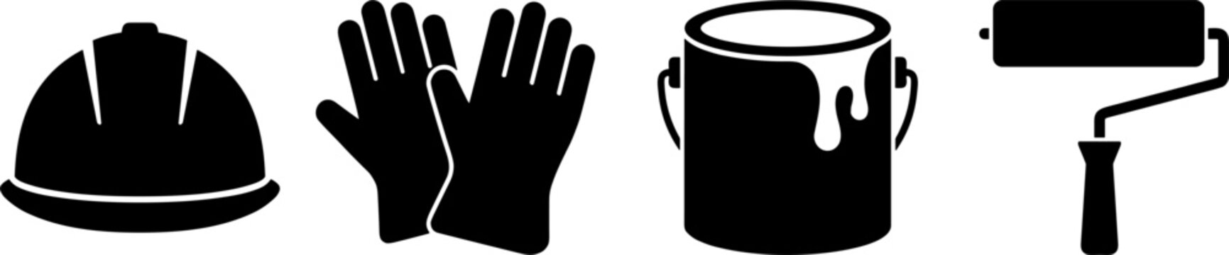 Home Renovation and Construction Painting Icon Set Featuring Hard Hat Safety Gloves Paint Can and Roller Brush Symbols for Handyman Service Designs