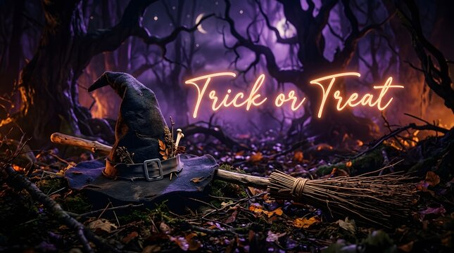 Halloween background with a witch hat and broomstick in a dark, mystical forest with glowing trick or treat text