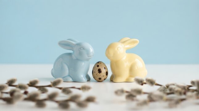 Easter composition with blue and yellow ceramic bunnies, a speckled egg, and pussy willow branches