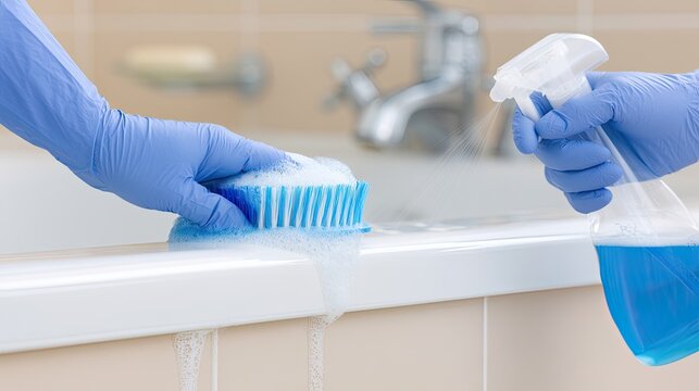 Blue-gloved hands scrub and spray a white bathtub with cleaning supplies