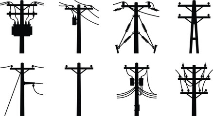 Obraz premium Collection of utility pole silhouettes with electrical transformers and power distribution lines for infrastructure design projects