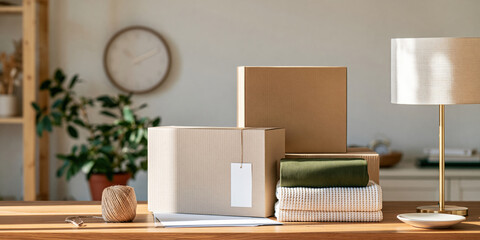 Fototapeta premium Packing boxes and folded textile for e commerce online seller