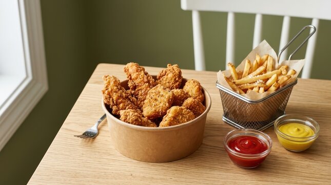 Fried chicken tenders in a paper bowl with french fries and dipping sauces