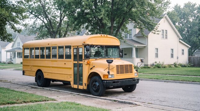 Yellow American school bus parked on a residential street in front of suburban houses