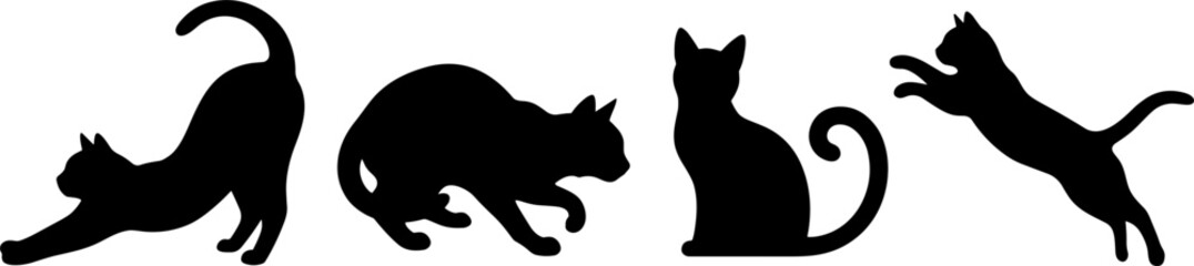 Domestic Cat Silhouette Vector Icon Set Featuring Various Feline Poses Such As Stretching Prowling Sitting Quietly and Jumping in Midair © Mdsumon
