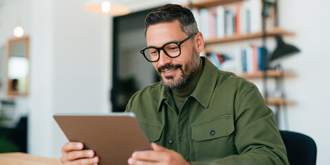 Obraz premium Online seller using tablet for e commerce work, smiling