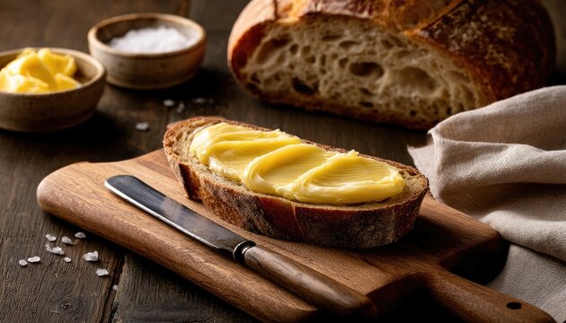 Rustic crusty bread slice generously spread with creamy butter