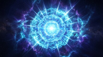 Fototapeta premium Enormous Blue White Hypernova Burst with Cyan Plasma Waves, Sharp Cosmic Light Rays, Volumetric Energy, and Dramatic Space Background