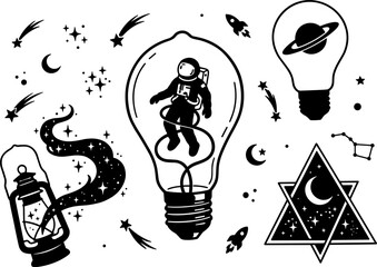 Conceptual Space and Creativity Vector Icon Set Featuring Floating Astronaut in Lightbulb Vintage Lantern Spilling Smoke Saturn and Hexagram Badges © Mdsumon
