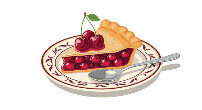 delicious slice of cherry fruit pie with a dark red berry filling served on a decorative plate with a silver spoon on the side.