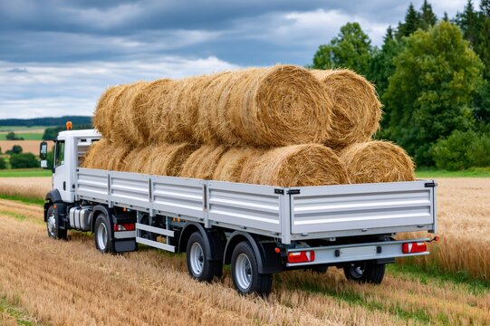 Truck transporting round hay bales in harvest field