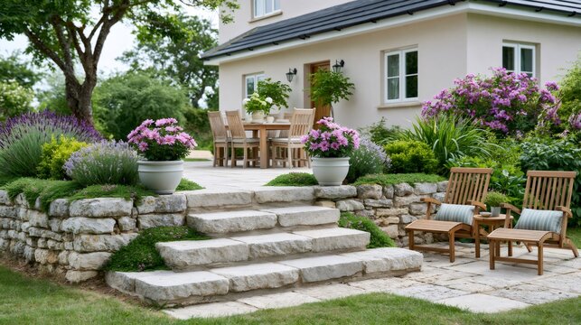 Stone steps leading to welcoming garden patio