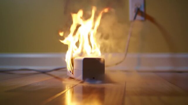 Electronic device burning on wooden floor in residential room