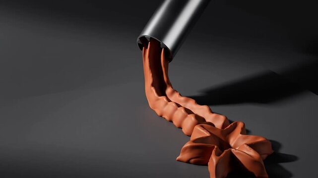Close up of chocolate frosting being piped onto a dark surface.
