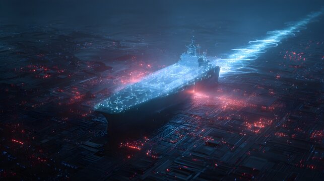 Futuristic Autonomous Carrier Ship Navigating on Digital Data Mainboard with Glowing Wake Stream