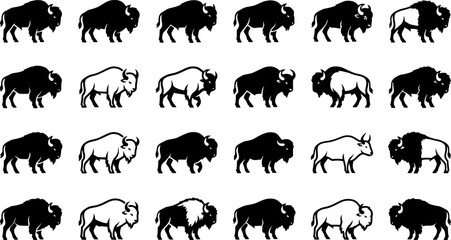 Fototapeta premium American Bison Silhouette Icon Set with Buffalo Wildlife Profile Variations