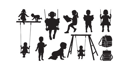 Children playing silhouettes, kids on swings, reading books, crawling baby, school bags.