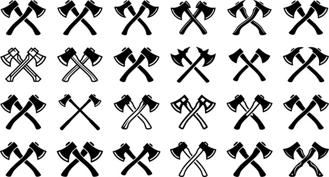 Crossed Axe Silhouette Icon Set with Double-Bladed Hatchets and Woodcutting Tools