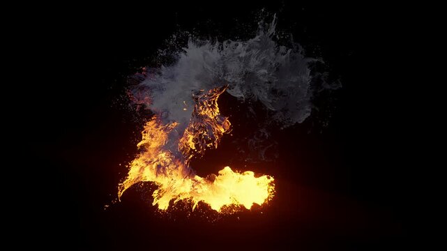 Abstract fluid simulation of glowing fire energy and dark smoke particles swirling and colliding on a black background.