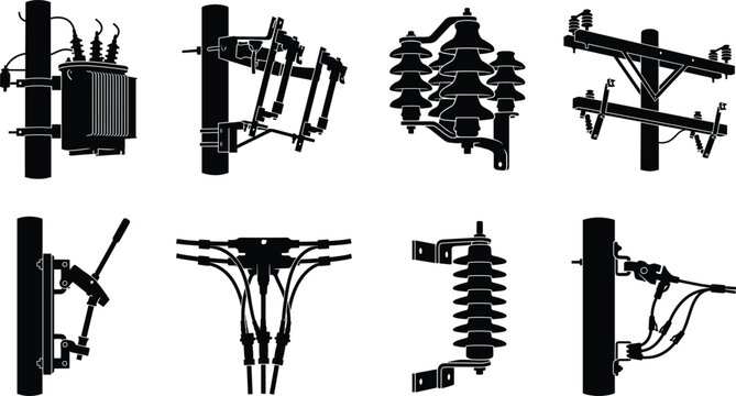 Electrical Utility Pole Hardware and Power Distribution Equipment Silhouette Vector Collection