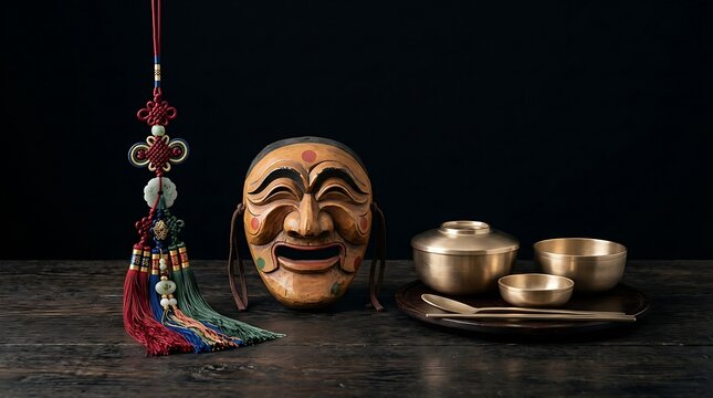 traditional South Korean cultural items, displaying a beautiful silk hanbok knot norigae pendant, a hand-painted wooden hahoe mask, and a traditional brass bronzeware bowl set, realistic,soft studio l