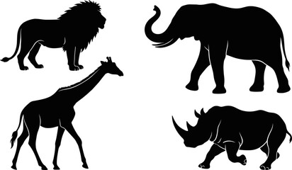 African Safari Wildlife Silhouette Vector Icon Set Featuring Standing Lion Walking Elephant Tall Giraffe and Running Rhinoceros Side Profiles © Mdsumon